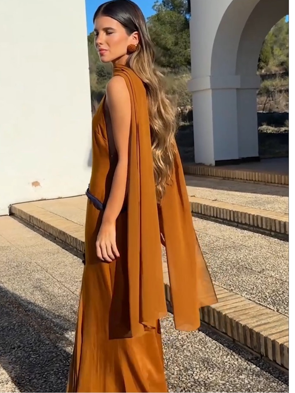 Satin Maxi Slip Dress in Mustard with Navy Trim with Shawl - Picture 2 of 4